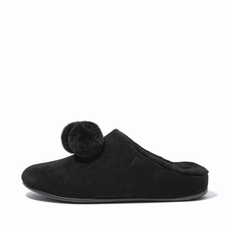 FitFlop Chrissie Suede Pom Pom Schwarz - FitFlop Hausschuhe Damen Sale [AKMQ-06193]